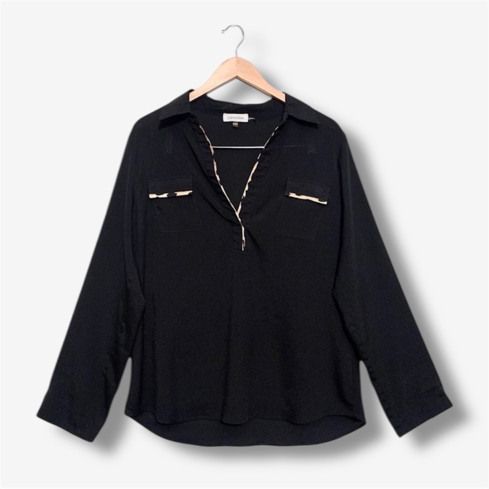 Calvin Klein Womens Black Leopard Print Longsleeve Dressy Blouse Top Vneck Large